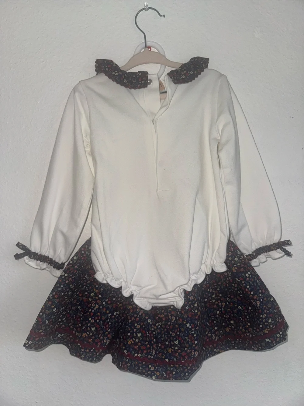 White Long-Sleeve Baby Dress with Floral Skirt